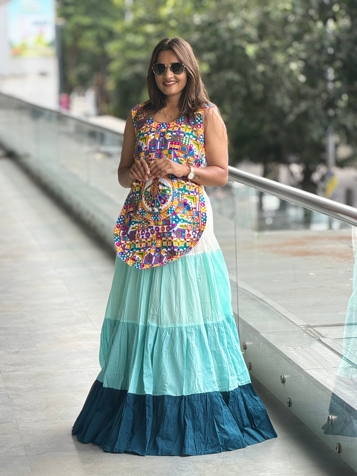 Women's sky blue tiered Navratri skirt for Garba