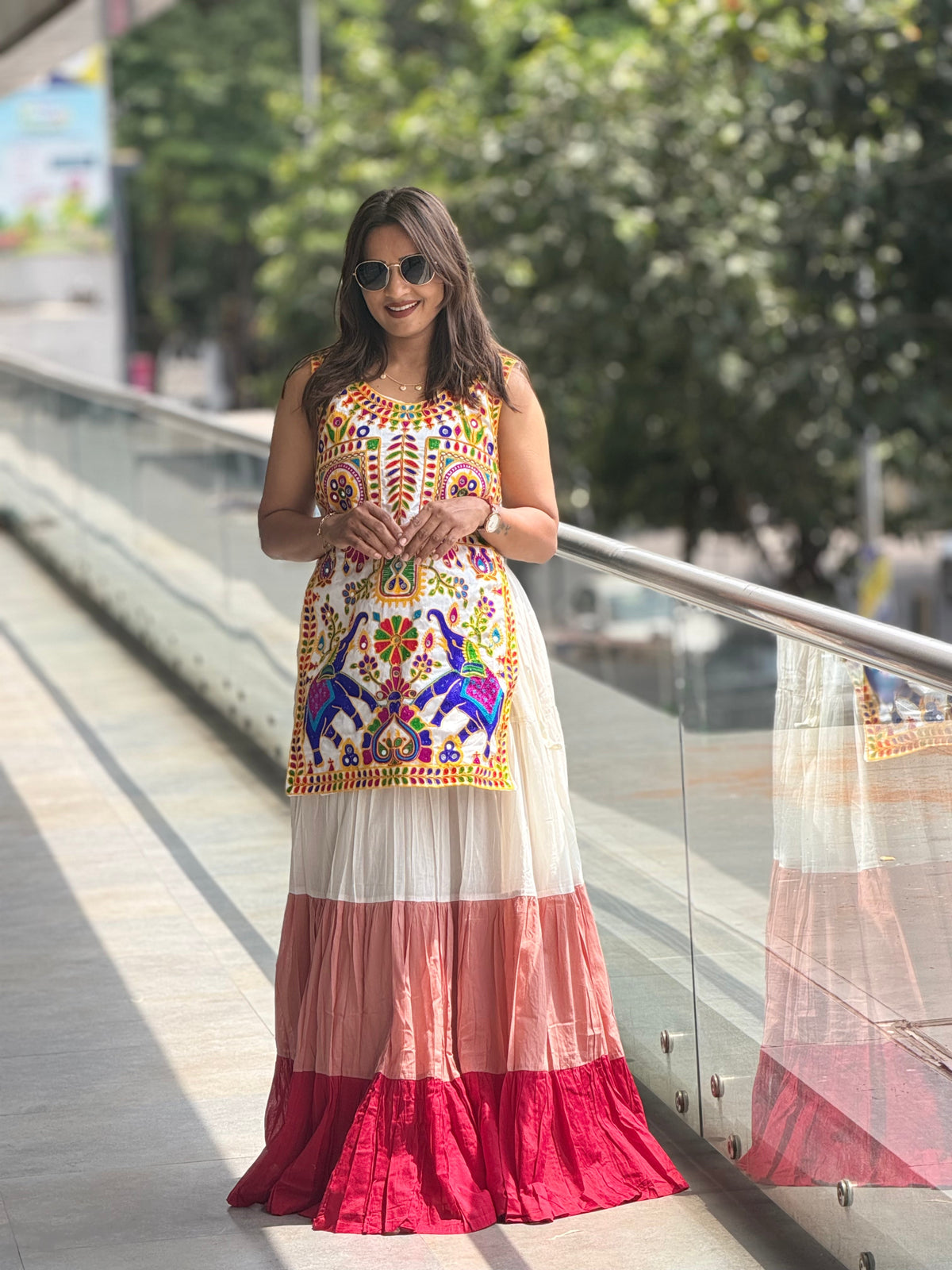 Women's red and pink tiered Navratri skirt for Garba
