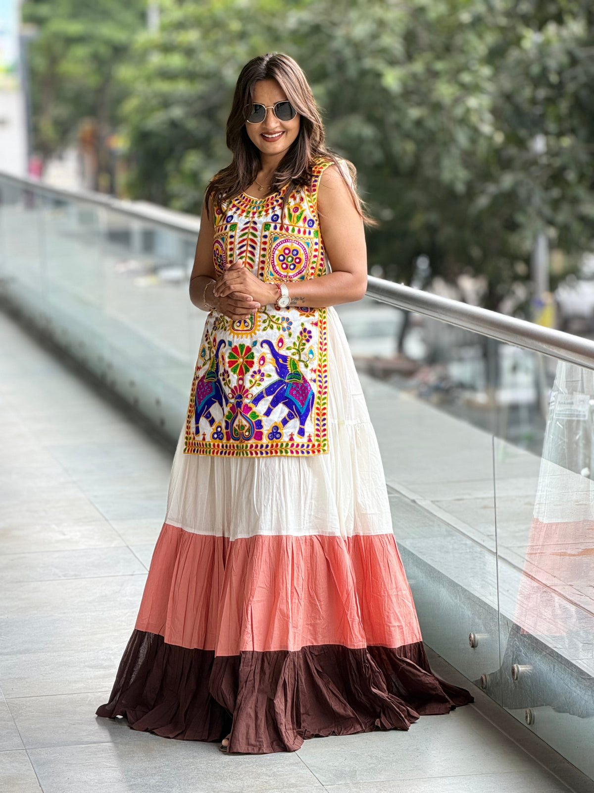 Women's rust and pink tiered skirt for Navratri Garba