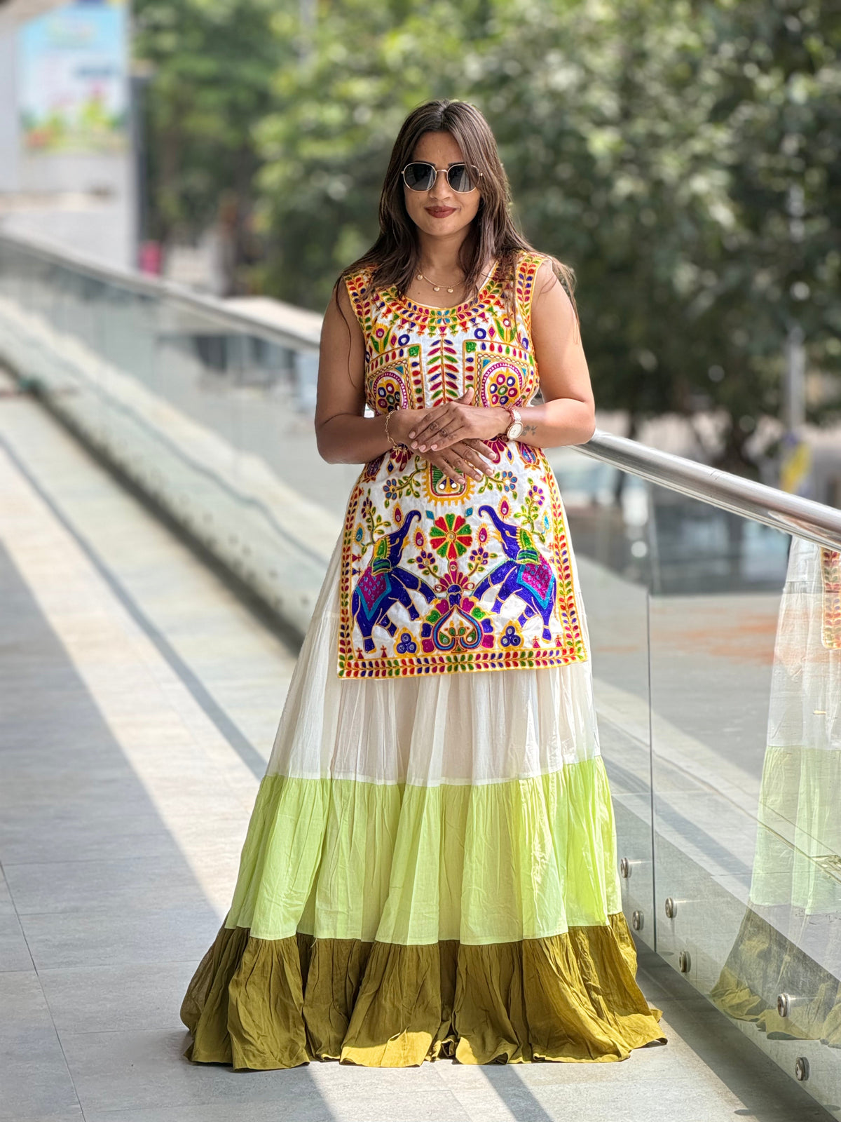 Women's olive green tiered skirt for Navratri and Garba