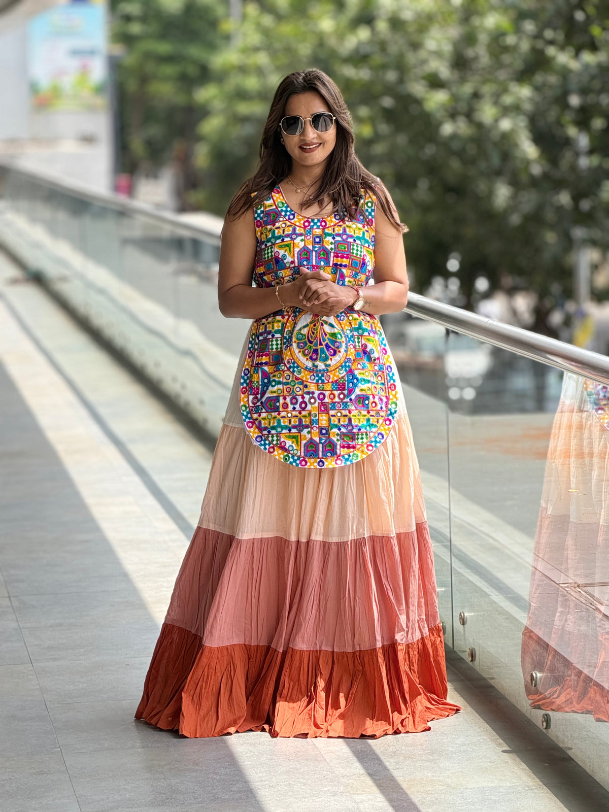 Women's rust and pink tiered skirt for Navratri Garba